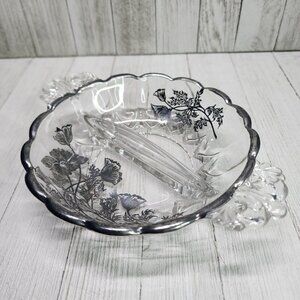 Vintage Silver City Silver Overlay Glass Flanders Divided Relish Dish Floral